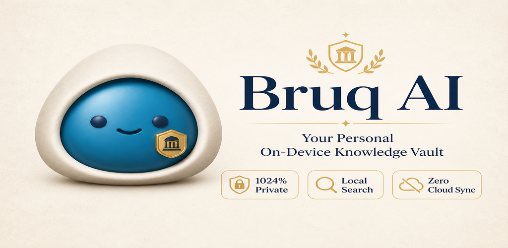 Bruq AI feature graphic promoting a personal on-device knowledge vault with privacy and local search