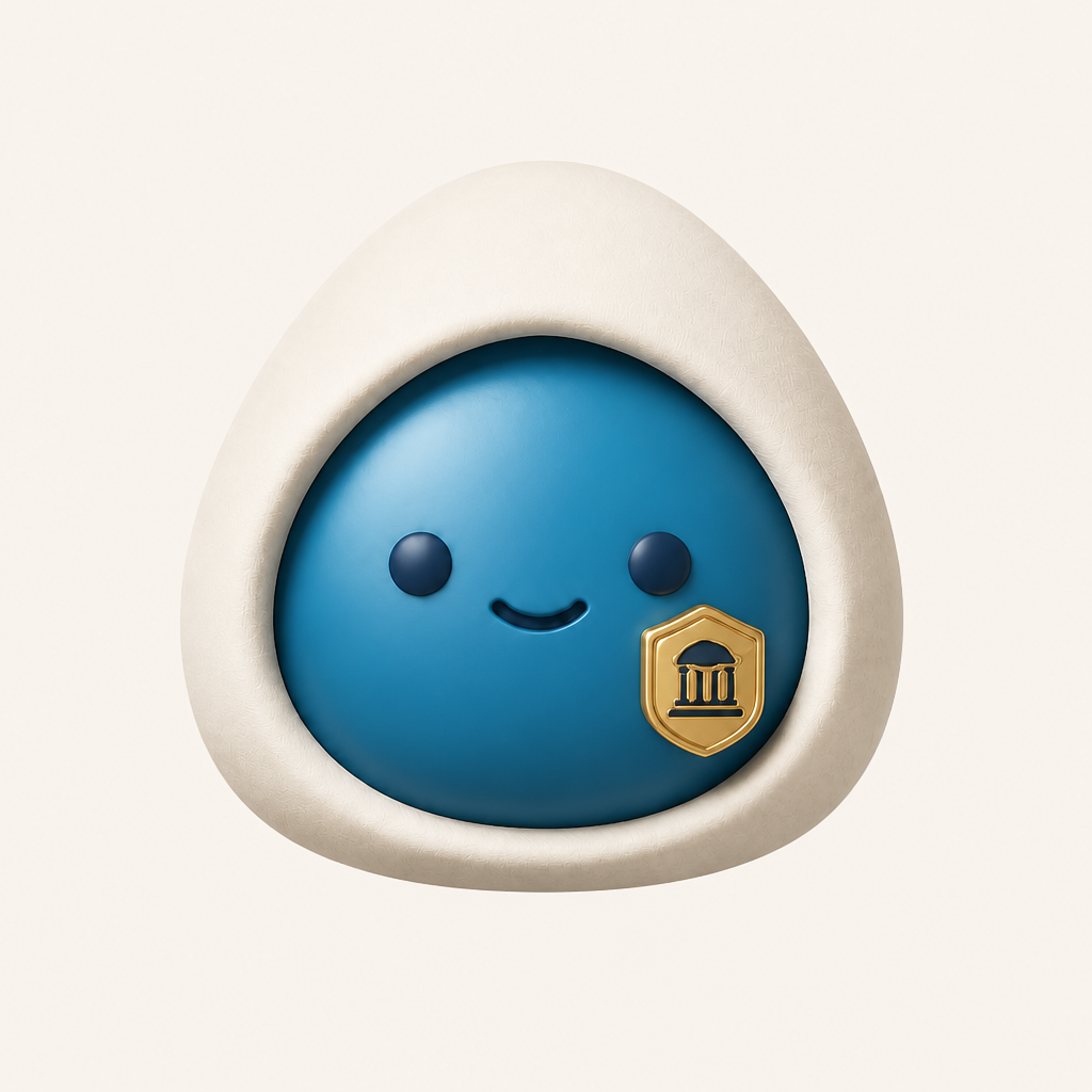 Bruq AI app icon: friendly blue mascot in a white vault shell with a gold shield