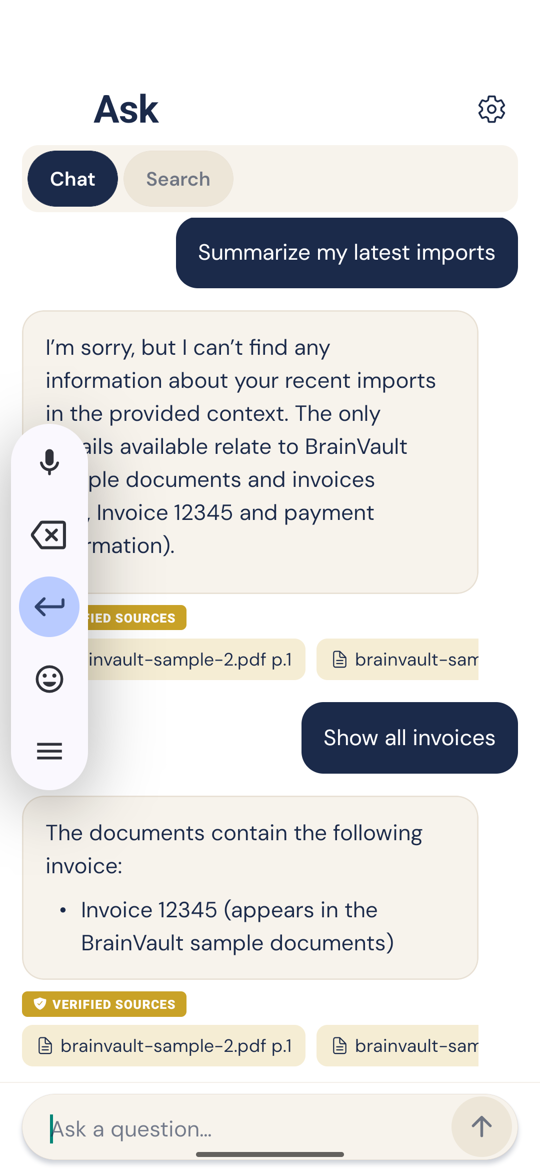 Bruq AI Ask chat answering from vault documents with verified sources citations