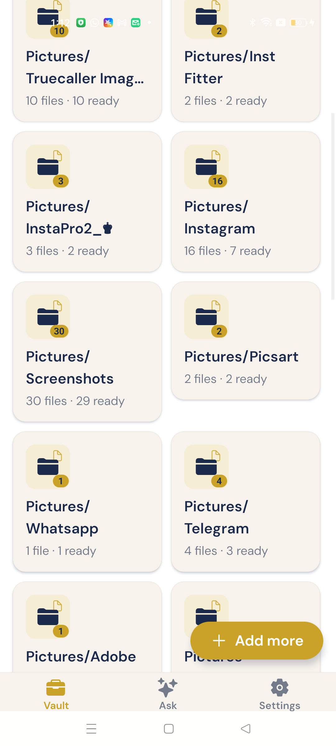 Bruq AI vault folders arranged in a grid with ready file counts
