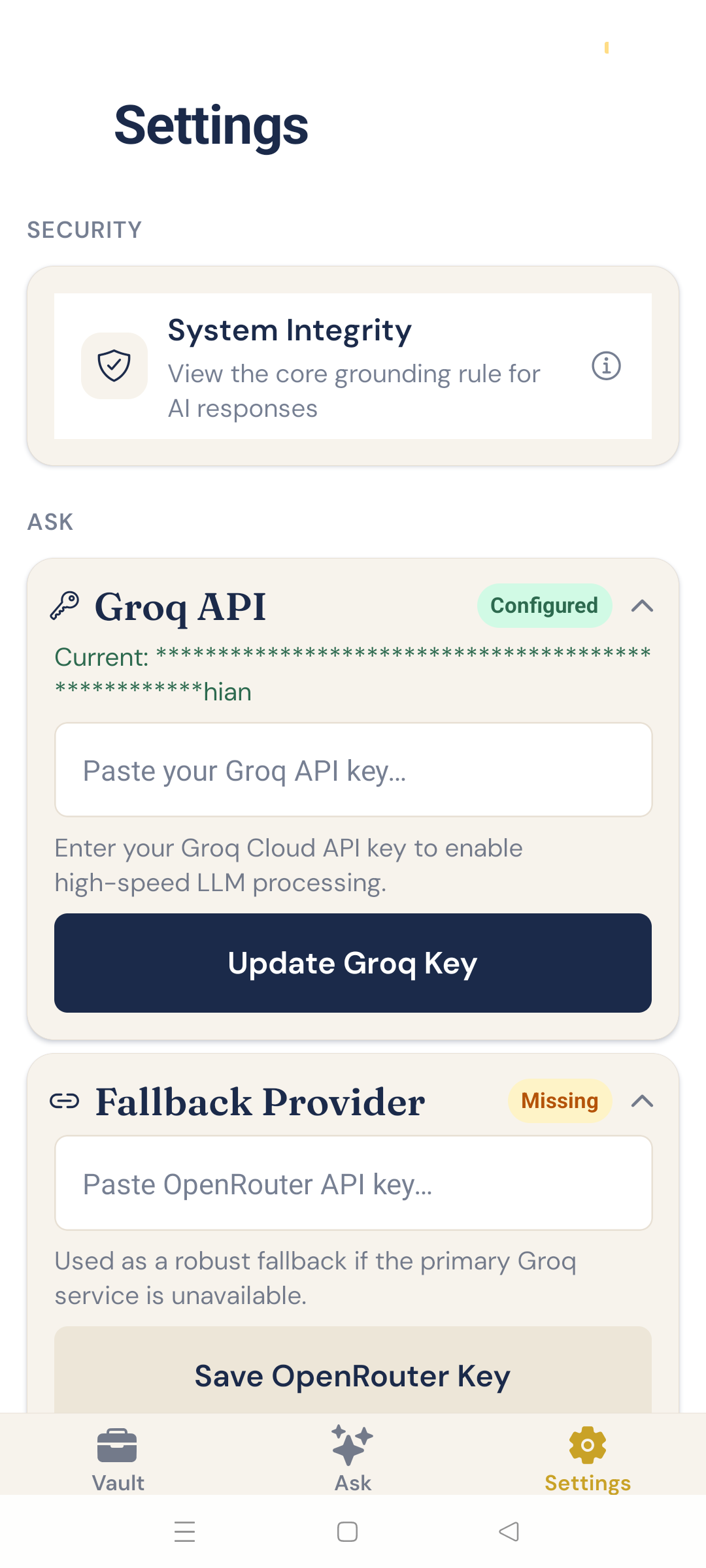 Bruq AI Settings showing Groq and OpenRouter API keys and system integrity grounding
