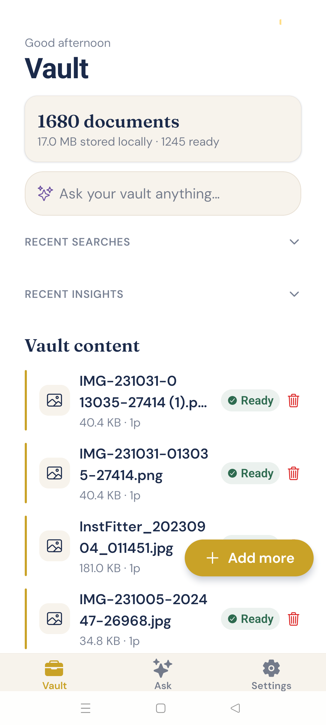 Bruq AI Vault screen showing document count, ask bar, and ready documents stored locally
